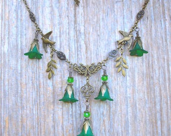 Gothic Victorian Dark Emerald Green and Bronze Flower Necklace with Leaves and Birds, Whimsigoth Jewelry, Forestcore Fairy Goth