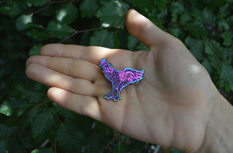 vaporwave cybergoth rainbow metallic pin SECONDS black chicken enamel pin pastel goth glitter witchy jewelry Ayam Cemani rooster brooch