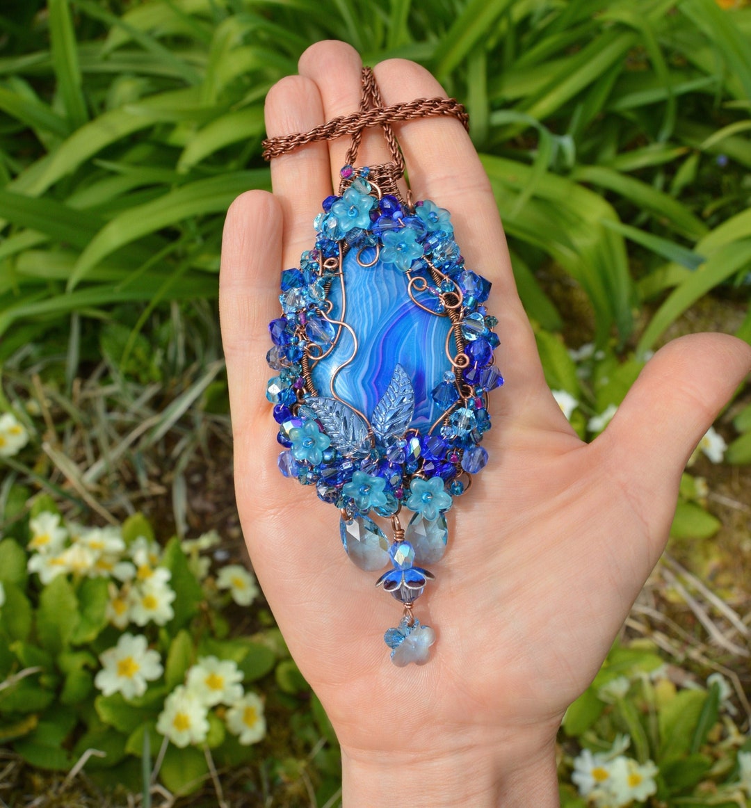 Blue Crystal Wire Wrap Mermaid Necklace, Fantasy Wire Wrapped Fairy Jewelry  in Sea Blue Beads, Flowers and Crystals, Sweet Witch Pendant
