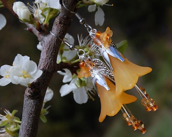 Orange flower earrings, witch jewelry, floral dangle earrings, Autumn forest woodland earrings, mori girl jewelry, cottagecore earrings