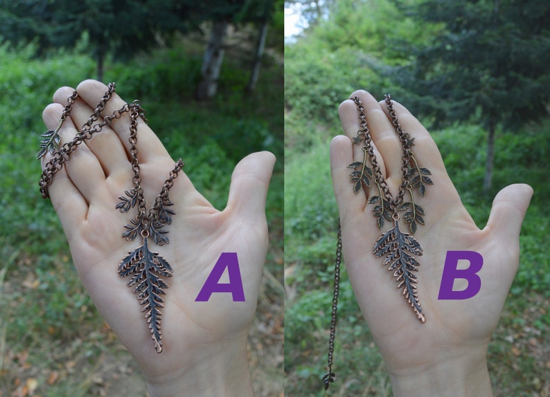 2 photos of slightly different leaf necklaces: pic A shows a large fern leaf on a copper chain, with 4 small fern leaves - 2 hanging from the chain on each side. Pic B has the same fern leaf, with 4 different small leaves, and 2 stars above.