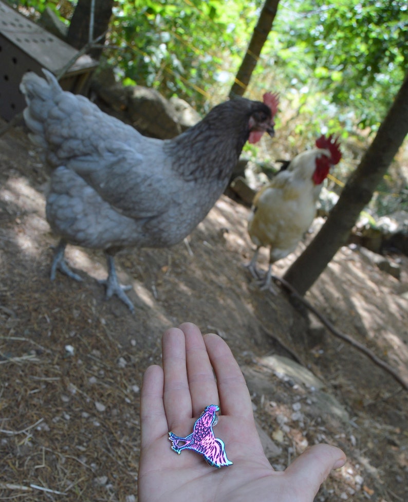 vaporwave cybergoth rainbow metallic pin SECONDS black chicken enamel pin pastel goth glitter witchy jewelry Ayam Cemani rooster brooch