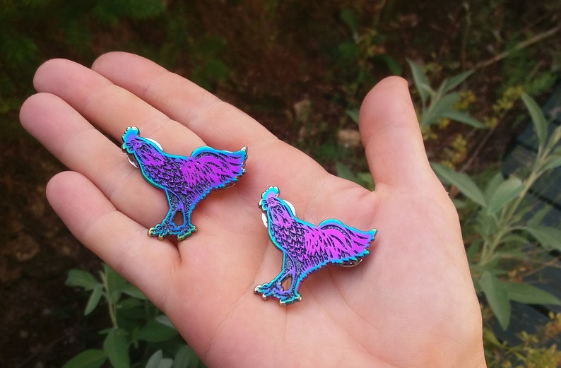 vaporwave cybergoth rainbow metallic pin SECONDS black chicken enamel pin pastel goth glitter witchy jewelry Ayam Cemani rooster brooch