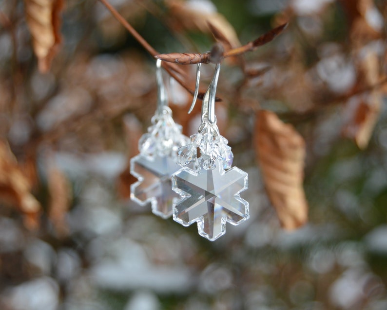 large crystal snowflake earrings, made of clear glass beads in a snowflake shape, with a frost rime of smaller crystals hanging from silver plated hooks. Earrings are shown against a winter scene, refracting the light to show the 3D snowflake shape