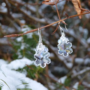 Crystal snowflake earrings showing the refraction and scattered light within the glass. Central snowflakes are large and clear, yet all details and facets are visible. Smaller clear crystals dangling above scatter the light and appear blinding white.