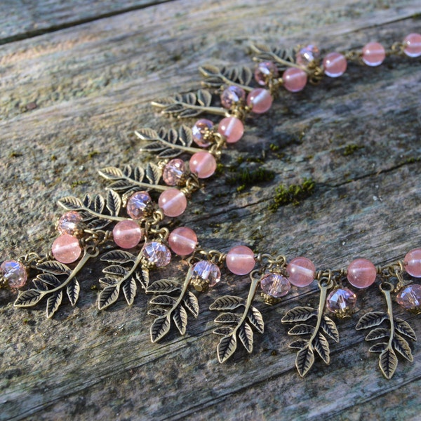 Collier quartz rose elfique, collier feuilles bronze, bijoux automne forêt, collier féerique, collier sorcière des arbres, bijoux fantaisie