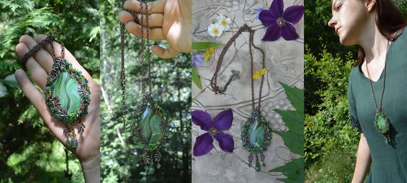 Green wire wrap necklace of similar size, to demonstrate scale. Shown in a hand, and worn. The pendant hands low on a thin copper chain, mid-chest. chain is adjustable.