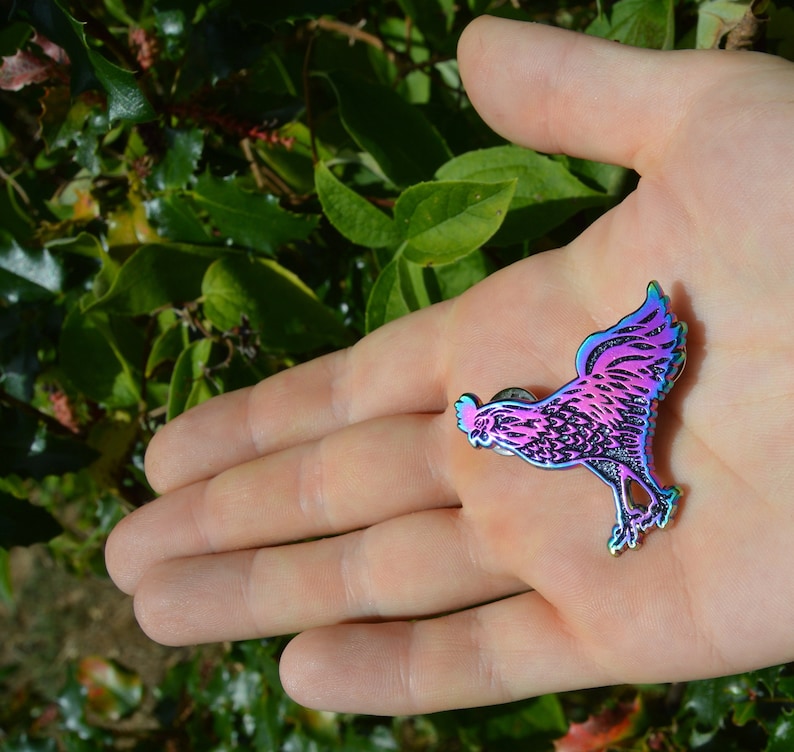 vaporwave cybergoth rainbow metallic pin SECONDS black chicken enamel pin pastel goth glitter witchy jewelry Ayam Cemani rooster brooch