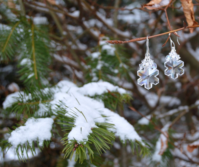 Crystal snowflakes against winter leaves. The crystals are clear, but the facets are reflecting the light to best show how the arge central snowflakes are made of 3 dimensional fine crystal glass.