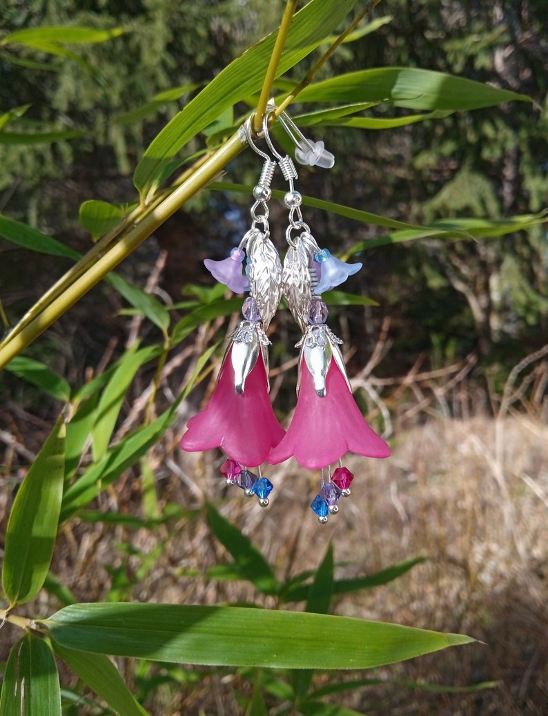 Bisexual pride earrings, subtle bi flag jewelry, fuchsia pink blue and purple flower earrings, lgbt jewelry, bisexual flag or custom colours image 1