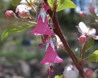 Fuschia earrings, fuchsia pink flower earrings, woodland elven jewelry, fairycore flower jewelry, fuschia pink fairy jewelry with crystals