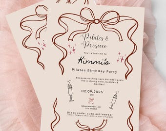 May include: Two beige Pilates & Prosecco party invitations with brown ribbon and bow accents. The invitations include text such as "Kimmi's Pilates Birthday Party" and the date "02.09.2025". The dress code is "cute activewear".