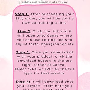 May include: Pink and white graphic with the text "What's Next" and instructions for using Canva after purchasing an Etsy order. The steps include opening a PDF link, editing in Canva, and downloading as PNG or JPG.
