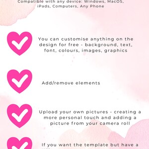 May include: A pink and white graphic with the text "What's Editable." The image lists features such as customizing the design, adding/removing elements, and uploading pictures. Compatible with Windows, MacOS, iPads, Computers, and Any Phone.