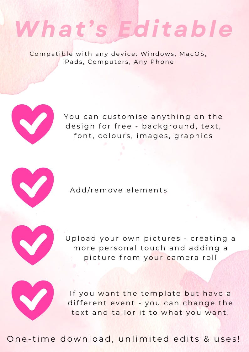 May include: A pink and white graphic with the text "What's Editable." The image lists features such as customizing the design, adding/removing elements, and uploading pictures. Compatible with Windows, MacOS, iPads, Computers, and Any Phone.