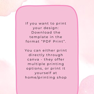 May include: Pink graphic with the text "Print via Canva". Instructions are provided on how to print designs, either through Canva or at home. The text is in a pink rounded rectangle.