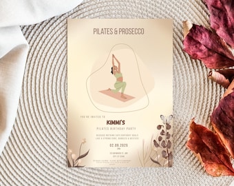 Beige Aesthetic Pilates Party invitation Template, Girls night, Pilates & Prosecco, Digital Download