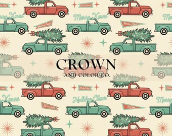 May include: A repeating pattern of red and teal vintage pickup trucks with Christmas trees. The design includes starbursts, banners with text, and the words "Merry Xmas" and "Holiday Cheer". The text "CROWN AND COLOR CO." is also present.