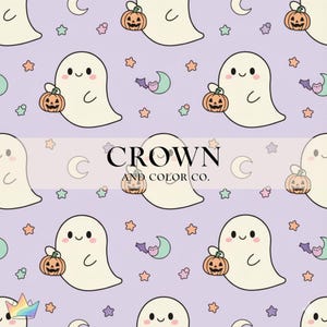 May include: A repeating pattern featuring friendly ghosts holding jack-o'-lanterns, with stars, moons, and bats on a lavender background. The text "CROWN AND COLOR CO." is displayed across the center. Perfect for Halloween-themed products.