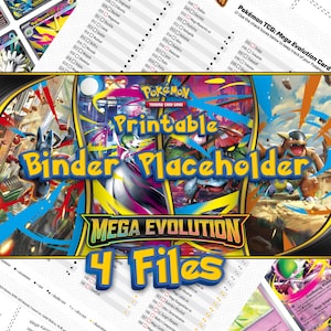 May include: Image of Pokémon TCG Mega Evolution cards and binder placeholders. The text "Printable Binder Placeholder" and "4 Files" are visible. Several cards are shown, including Mega Kangaskhan ex. The image is designed for card collectors.