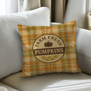 Farm Fresh Pumpkins Pillow Cover with Insert – Green Plaid Rustic Farmhouse Fall Decorative Cushion for Couch & Sofa