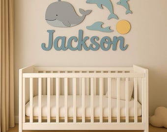 Whale and Dolphin Nursery Name Sign, Personalized Wooden Baby Name, Above Crib Wall Art, Ocean Theme Nursery Decor, Custom Baby Gift