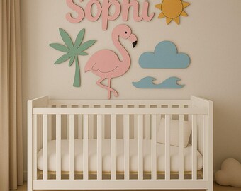 Personalized Flamingo Nursery Wall Decor, 3D Wooden Name Sign, Tropical Baby Name Sign Above Crib, Custom Nursery Name Plaque