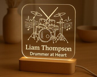 Personalized Drum Set LED Night Light, Custom Laser Engraved Gift