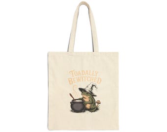 Toadally Bewitched Tote Bag, Funny Halloween Witch Toad Canvas Bag, Vintage Storybook Frog Witch Gift, Spooky Season Tote
