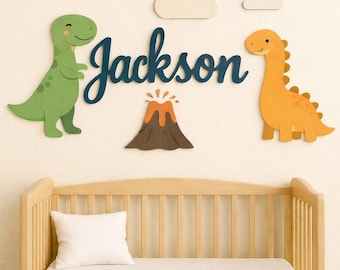 Dinosaur Nursery Name Sign – Personalized Wooden Baby Name Sign, Dino Nursery Wall Decor Above Crib
