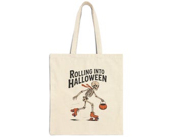 Rolling Into Halloween Skeleton Tote Bag, Retro Skeleton Roller Skating Canvas Bag, Funny Halloween Gift Bag