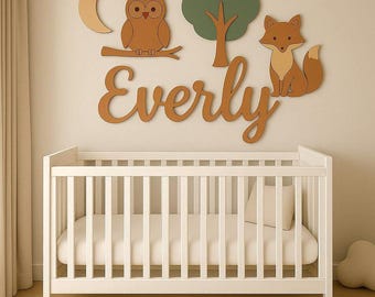 Above Crib Name Sign, Woodland Owl and Fox Nursery Name Sign, 3D Wooden Baby Name Sign, Custom Name Sign for Nursery Wall Décor
