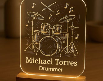 Drum Player Night Light | Personalized Engraved LED Lamp with Wooden Base