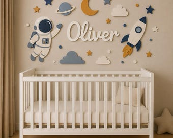 Space Astronaut Personalized Wooden Name Sign Nursery Decor, Baby Name Sign Above Crib, Moon and Flag Wall Art for Boys