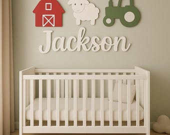 Farm Nursery Name Sign — Personalized Wooden Wall Decor for Above Crib, Baby Name Sign, 3D Rustic Farm Nursery Art