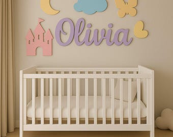 Personalized Castle Baby Name Sign, Fairy Tale Nursery Wall Art, 3D Wooden Name Sign, Above Crib Name Plaque, Baby Girl Room Decor