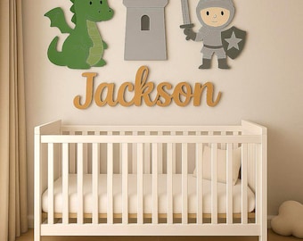 Knight and Dragon Personalized Name Sign for Nursery Wall, Wooden Baby Name Sign, 3D Nursery Decor Above Crib, Boy Nursery Wall Art
