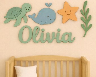 Personalized Under-The-Sea Name Sign, 3D Wooden Name Sign Nursery Decor, Baby Room Wall Art Above Crib, Ocean Theme Nursery Gift