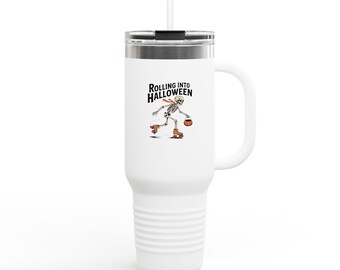 Rolling Into Halloween Skeleton Tumbler, Retro Roller Skating Skeleton Travel Mug, Funny Halloween Gift, 40oz Insulated Cup