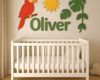 Parrot Jungle Nursery Name Sign — Personalized Wooden Baby Name Above Crib, Nursery Wall Decor, 3D Name Sign, Baby Shower Gift