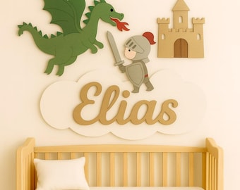 Knight and Dragon Personalized Nursery Name Sign – 3D Wooden Wall Decor