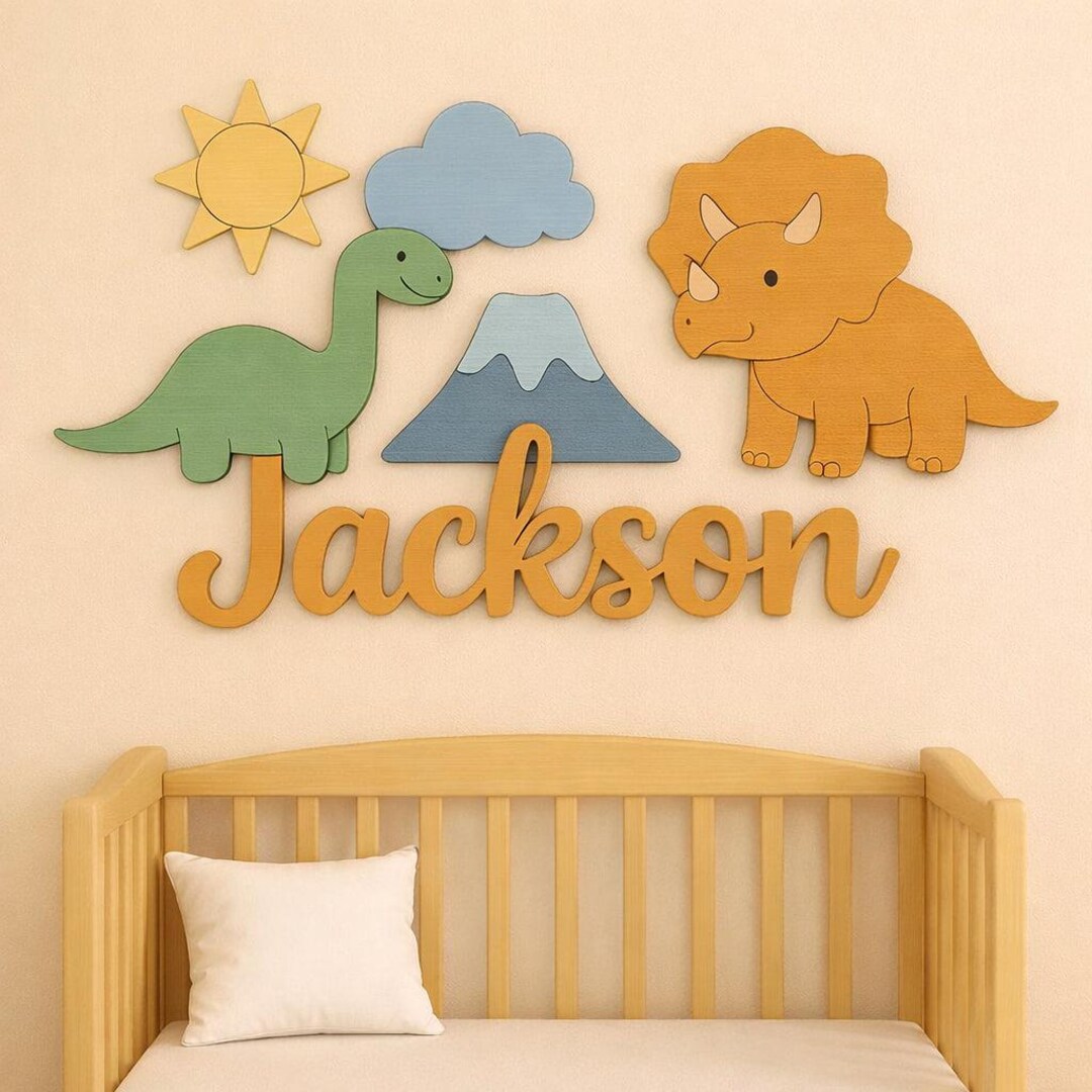 Dinosaur Baby Name Sign for Nursery Wall, Wooden Personalized Name Sign ...