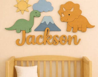 Dinosaur Baby Name Sign for Nursery Wall, Wooden Personalized Name Sign Above Crib, 3D Layered Dinosaur Nursery Decor