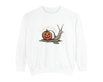 Slow And Spooky Snail Sweatshirt, Halloween Garden Snail Crewneck, Pumpkin Shell Vintage Engraving Tee, Spooky Season Gift
