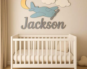 Airplane and Clouds Personalized Name Sign, Above Crib Name Sign, Boy Nursery Wall Art, Wooden Nursery Decor, Baby Name Sign