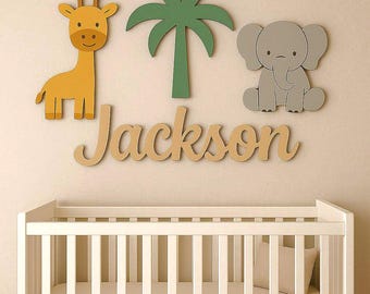 Giraffe Nursery Name Sign for Above Crib, Personalized Wooden Name Sign, Jungle Baby Room Wall Decor, Custom 3D Nursery Wall Art