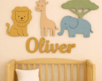 Safari Animal Nursery Wall Décor Name Sign — Personalized Wooden Name Sign for Above the Crib, Baby Room Wall Art