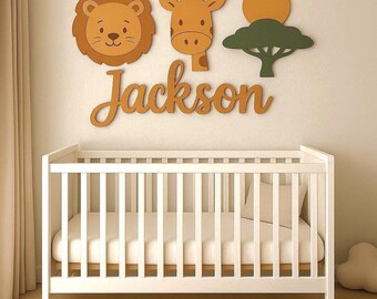 Personalized Lion Safari Nursery Name Sign, Wooden Name Above Crib, Baby Name Wall Décor, Jungle Theme Wall Art, Nursery Sign