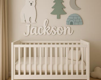 Polar Bear Nursery Name Sign — Personalized Wooden Name Sign, 3D Baby Name Sign, Above Crib Wall Decor, Arctic Theme Nursery Decor