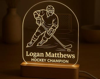 Personalized Hockey Player LED Night Light, Engraved Acrylic Plate & Wooden Base